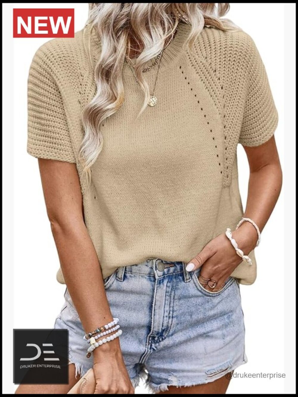 Dressy Casual Summer Crewneck Short Sleeve Knit Sweater Hollow Out Pullover